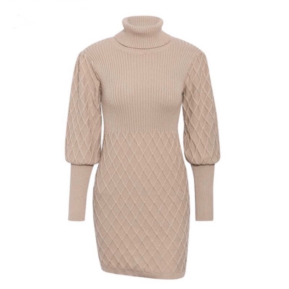 CLEARANCE Beige Lantern Sleeve Turtleneck Knit Sweater Dress - Picture 3 of 6